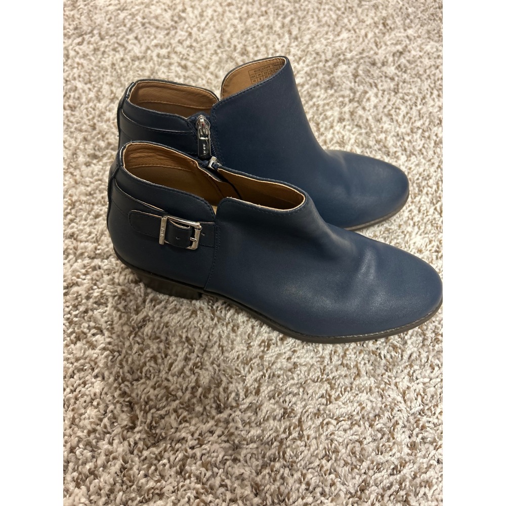 Vionic Millie Leather Ankle Boots Navy Blue Buckle Zip Booties Womens 10 Wide